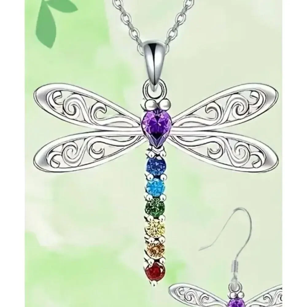 NWT Gorgeous Silver Dragonfly Long 17.7” Chain Necklace w/ Colorful Rhinestones - Picture 5 of 7